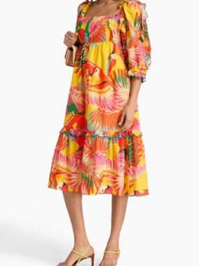 Farm Rio Colorful Toucans Scalloped Midi Dress